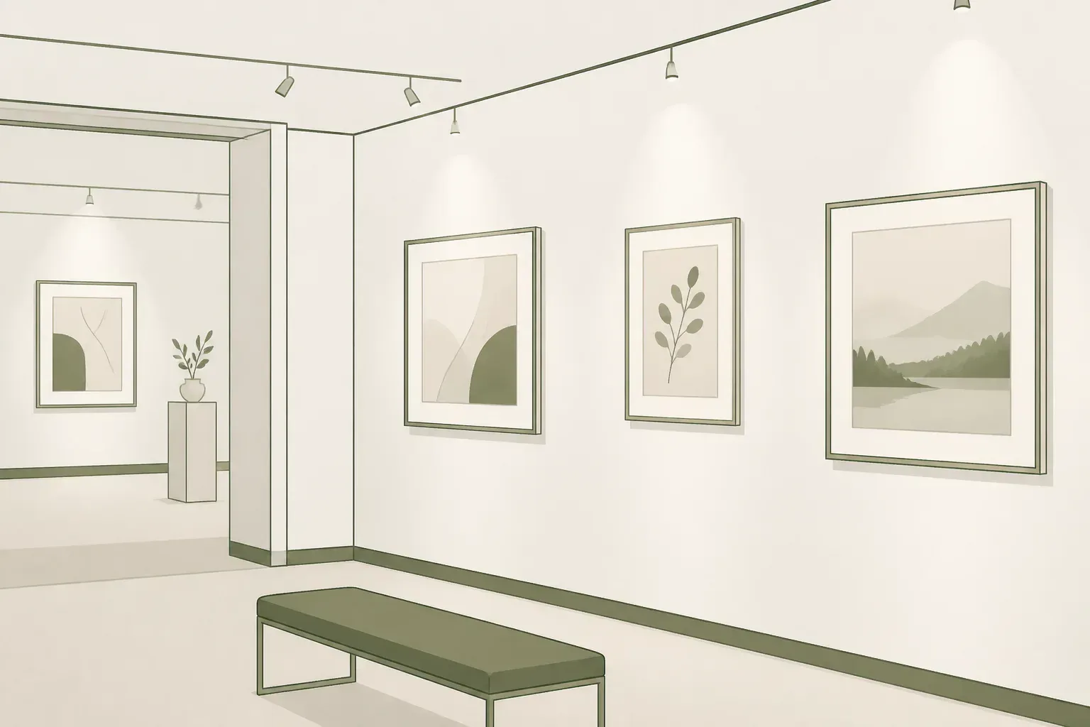 画廊に額装された絵画が並ぶイメージ