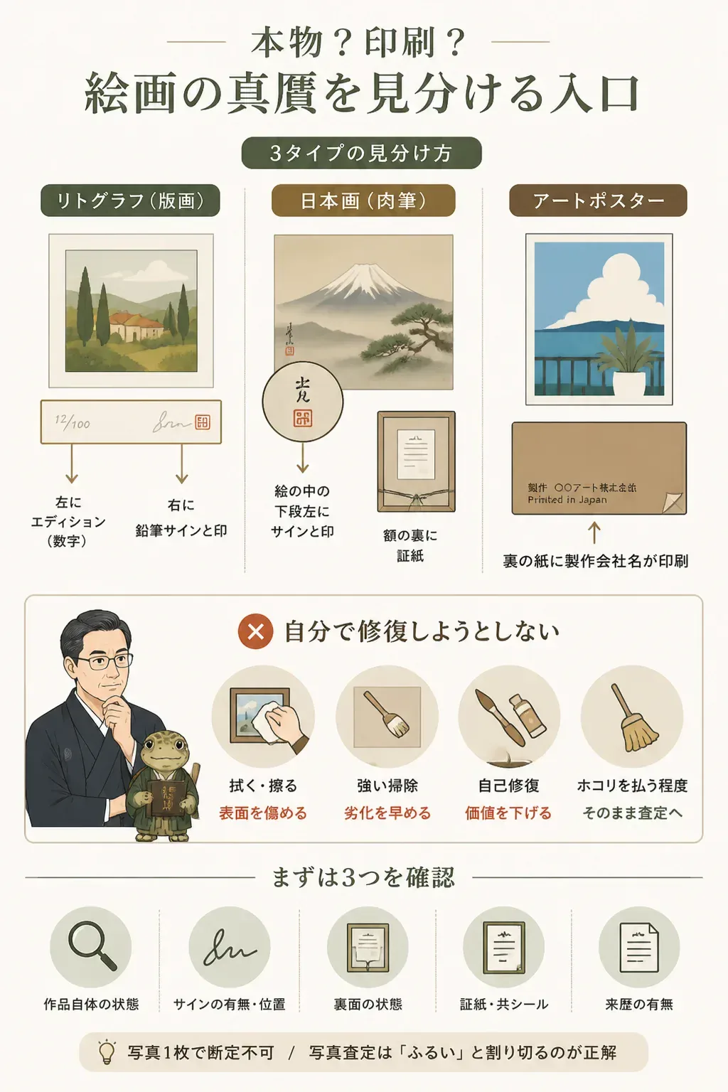 リトグラフ・肉筆・ポスターの見分け方を示す図解
