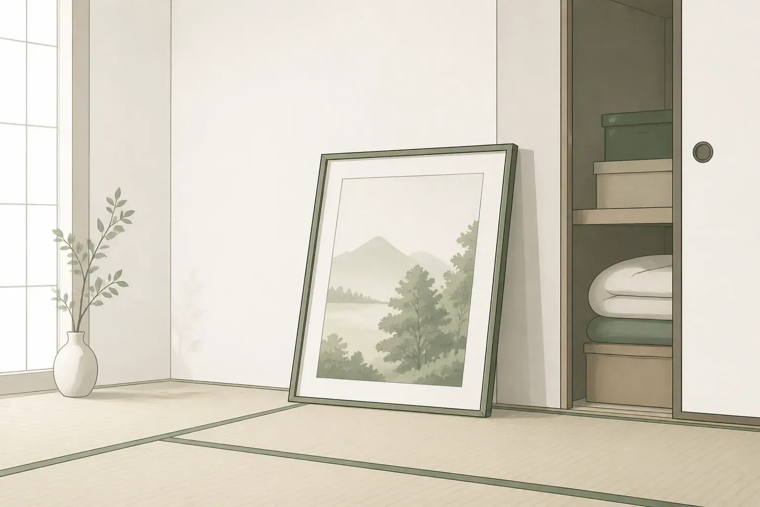 押し入れから出した遺品の絵画を畳の上に置いたイメージ