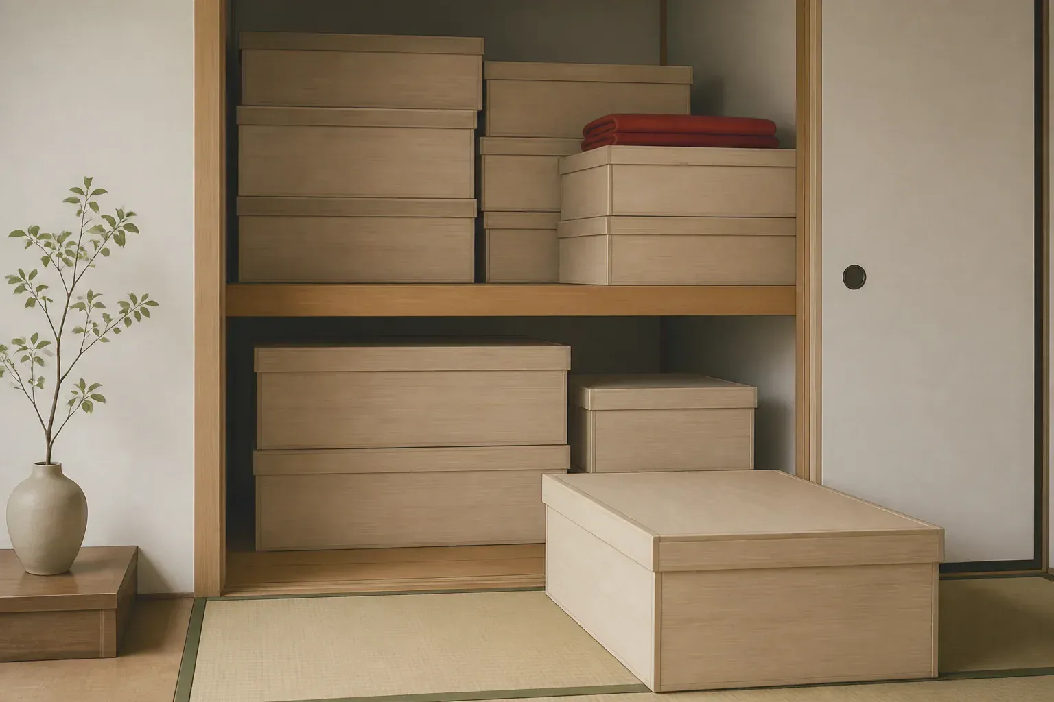押し入れに保管されたままの七段飾りの収納箱のイメージ