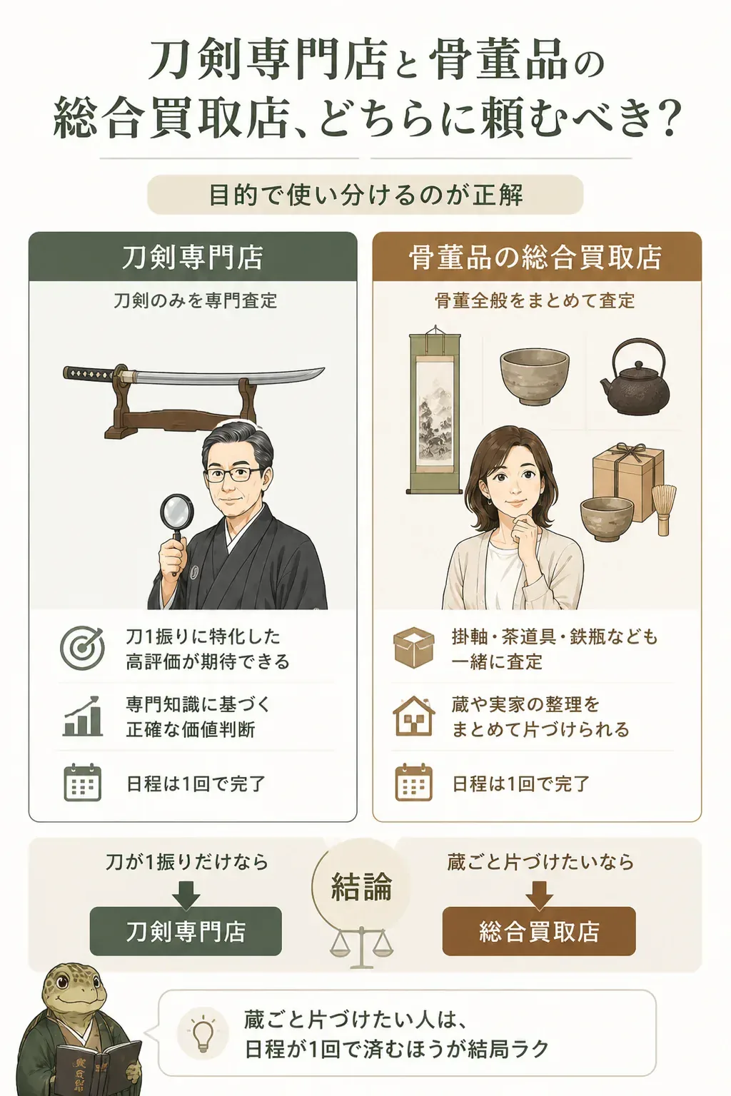 刀剣専門店と骨董総合買取店の得意領域の比較図