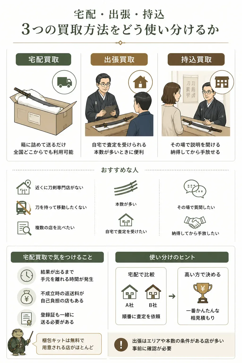 宅配・出張・持込の買取方法を比較した図解