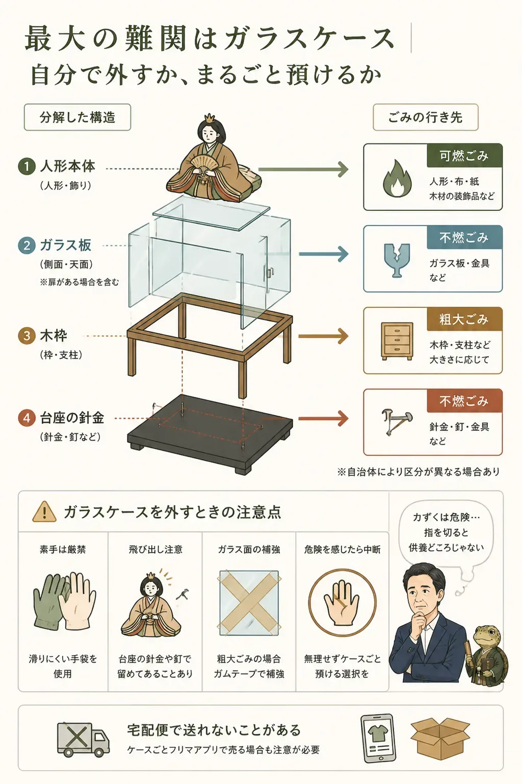 ガラスケース入り人形の部位別の分別先を示した図解