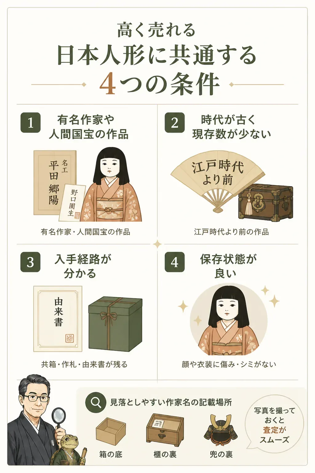 高価買取されやすい日本人形の4つの条件を示した図解