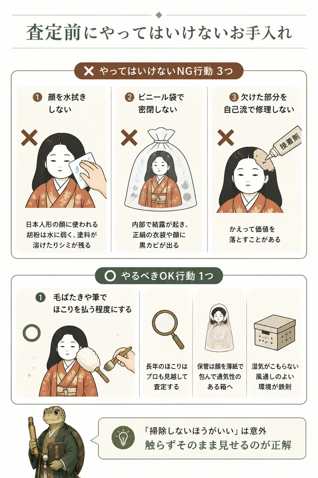 査定前にやってはいけないお手入れと正しい手入れの対比図